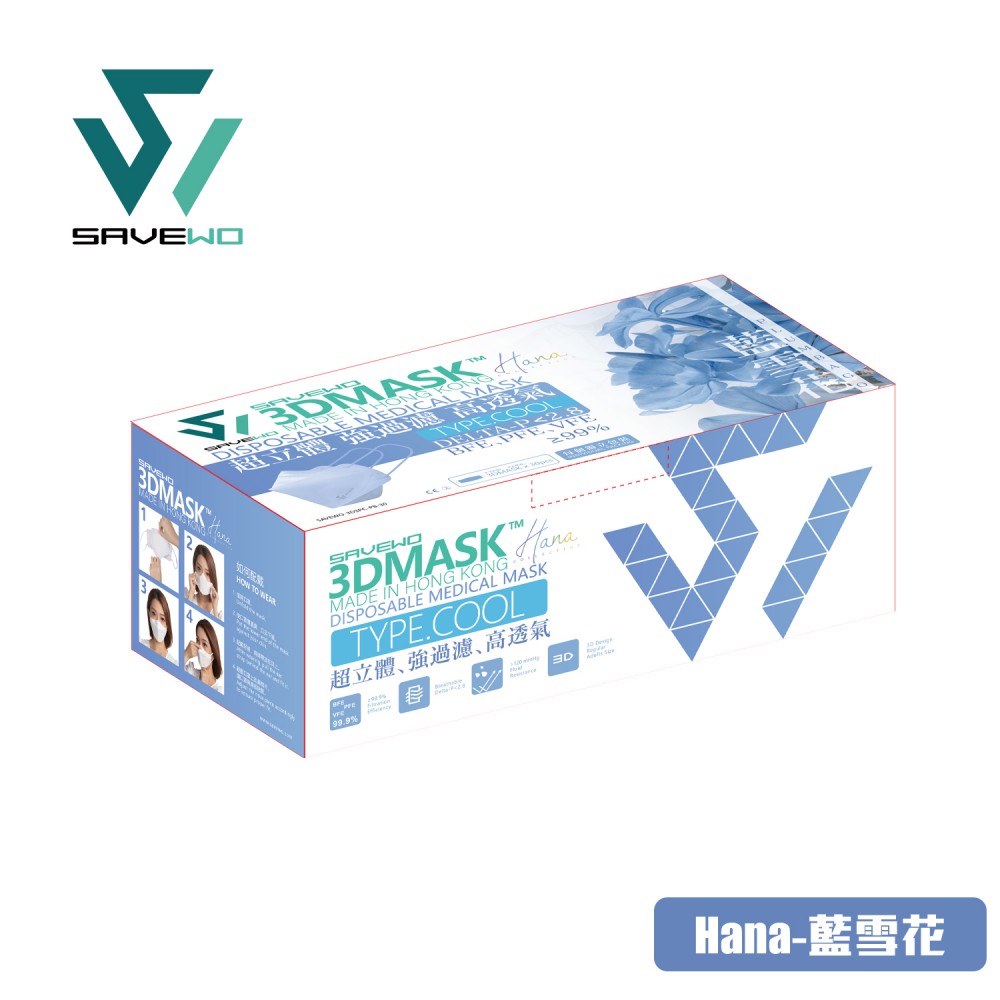 *標準碼* SAVEWO 3DMASK HANA COLLECTION 救世超立體口罩 花色系列 R-標準碼 藍雪花 (30片/盒 ，獨立包裝) 2