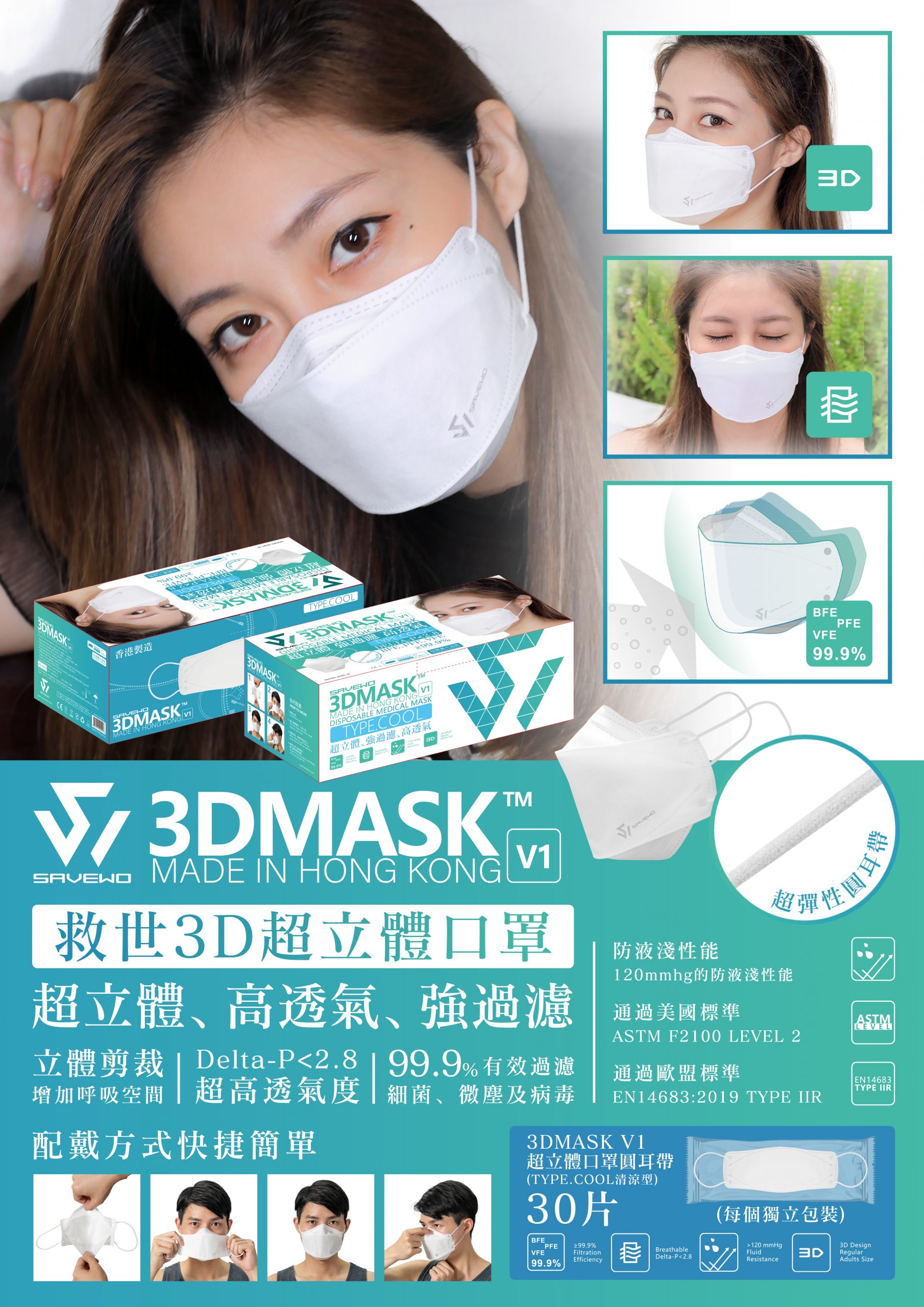 SAVEWO 3DMASK V1 救世超立體口罩 - 清涼型 3MM圓耳帶 (30片獨立包裝/盒) 8